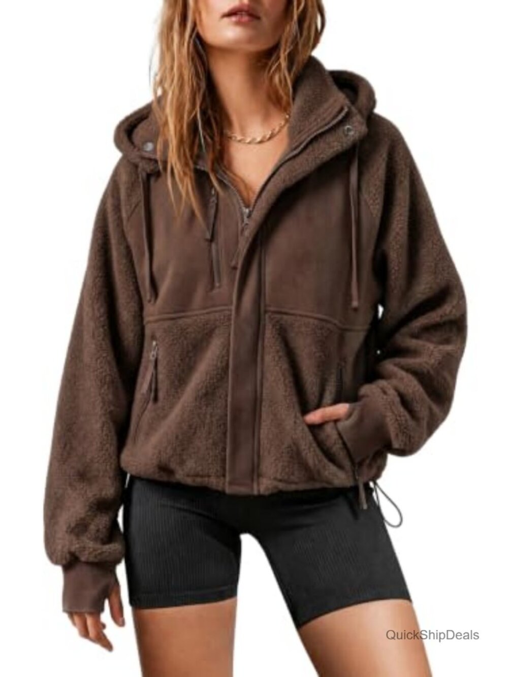 Women's Sherpa Fleece Hooded Zip Up Jacket Oversized Casual Coat